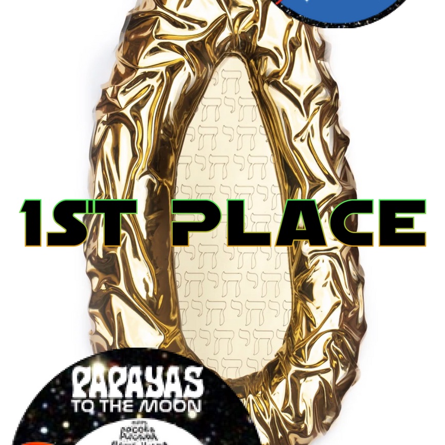 Golden Papaya Trophy, a crumpled gold-foil papaya sculpture