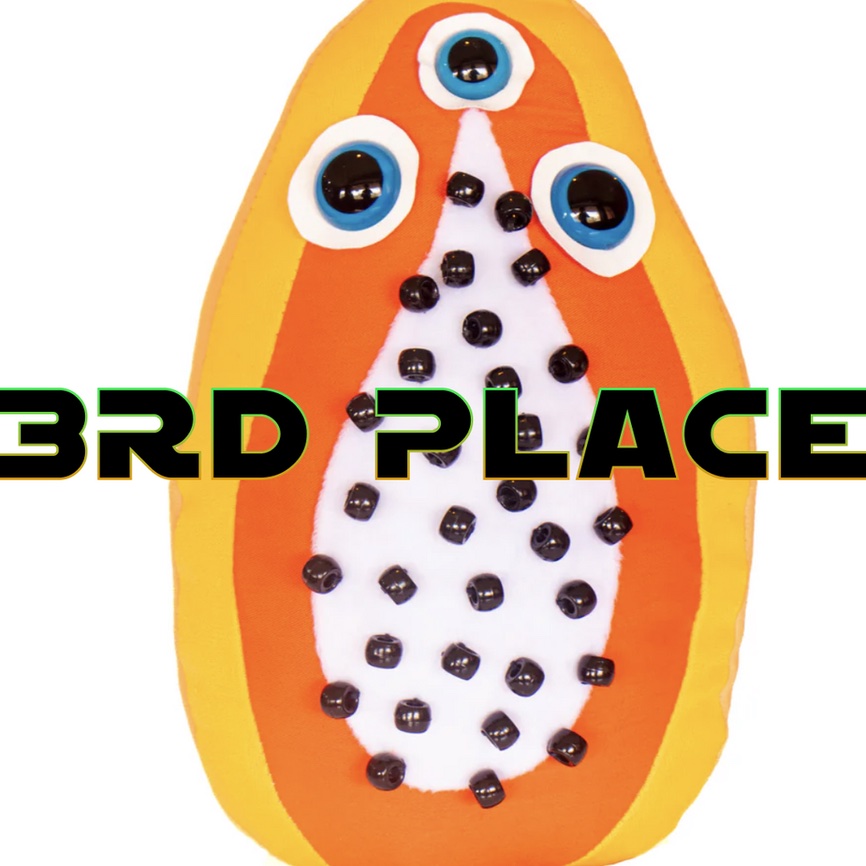 A 60 centimeter orange papaya plush toy with googly eyes