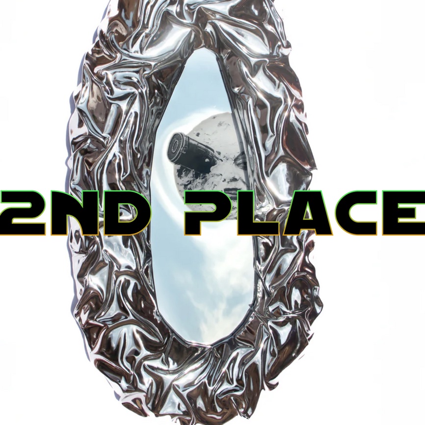 Silver Papaya Trophy, a crumpled chrome papaya sculpture